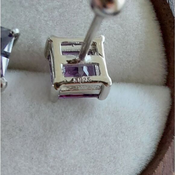 Platinum Plated S925 Sterling Silver Purple CZ Stud Earrings - Picture 8 of 8